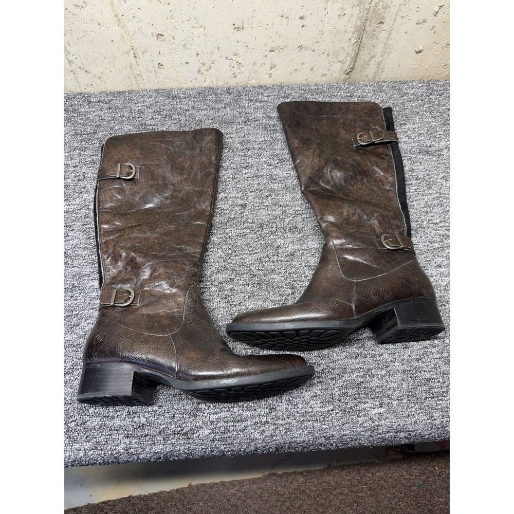 Born Womens 10M Brown Leather Tall Riding Boots Plaid Lined Buckle F56722 CQH18